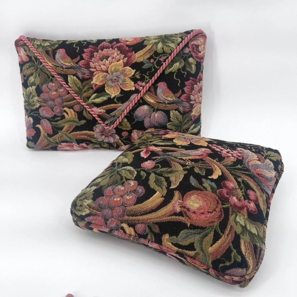 Tapestry Throw Pillows SET of 2 Black Floral Bird Dark Whimsy Boho Cottage‎ Core